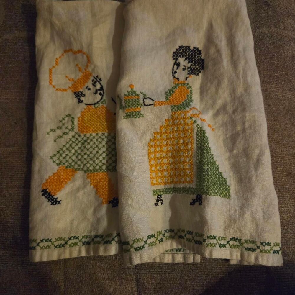 Vintage Hand Cross Stitched Kitchen Towels Pair Chef Maid 24x13.5 retro kitschy